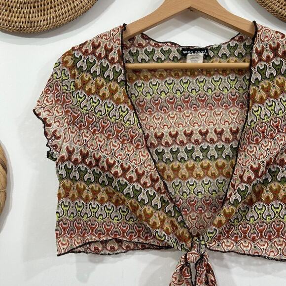 Vintage Y2K 2000s Wet Seal Boho Crochet Cropped Knot Tie Front Crop Top XL Boho - Picture 4 of 7